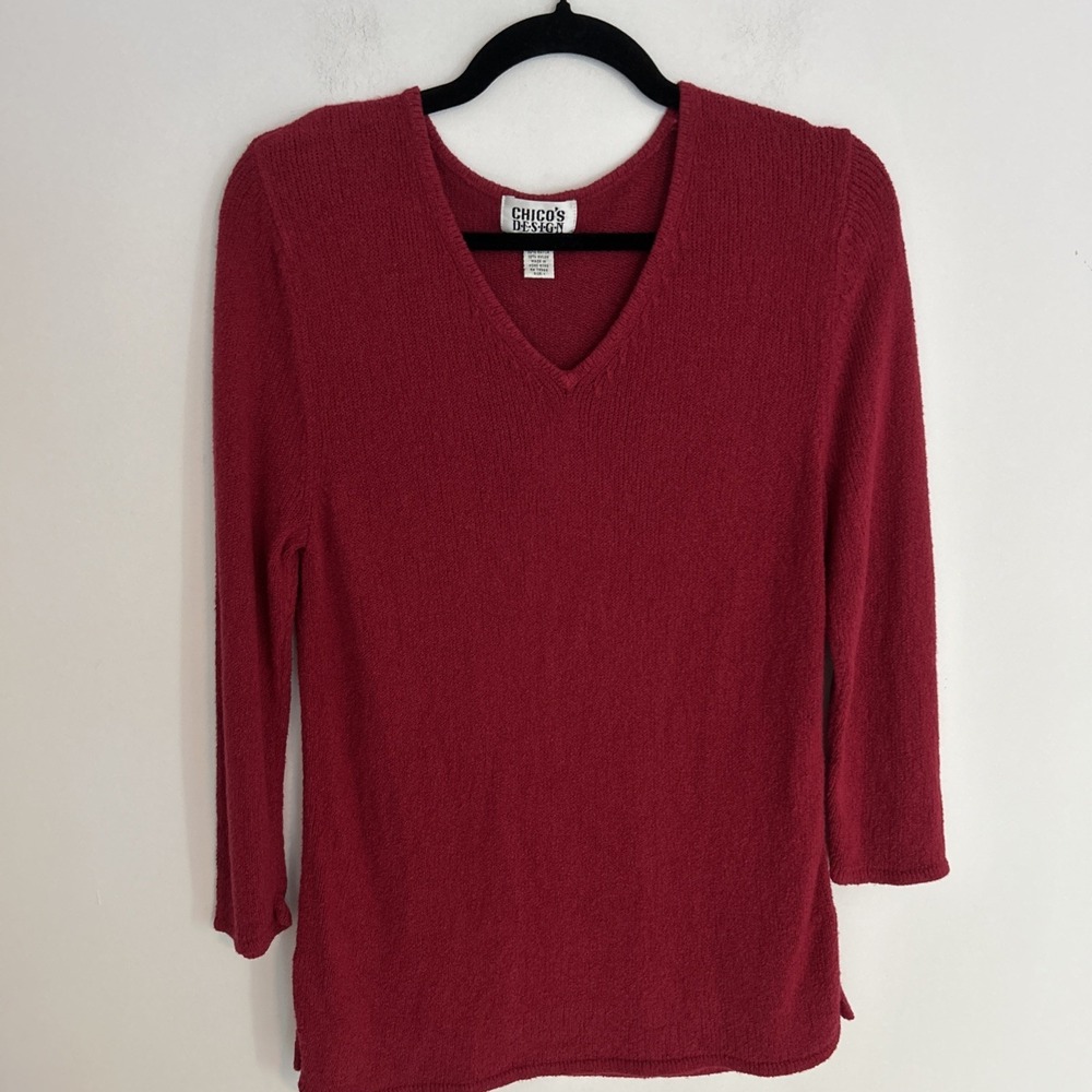 Chicos Women's Size 1/M Red V-Neck Long Sleeve Knit Sweater‎ modern Minimalist